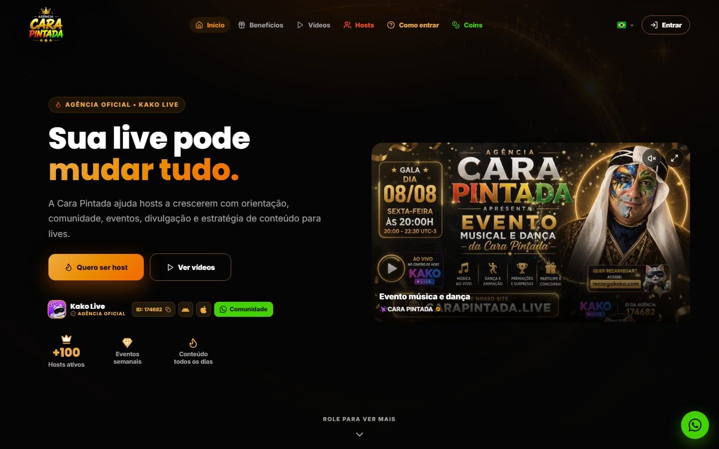 Agência Cara Pintada — Site e painel da agência oficial de hosts da Kako Live.
