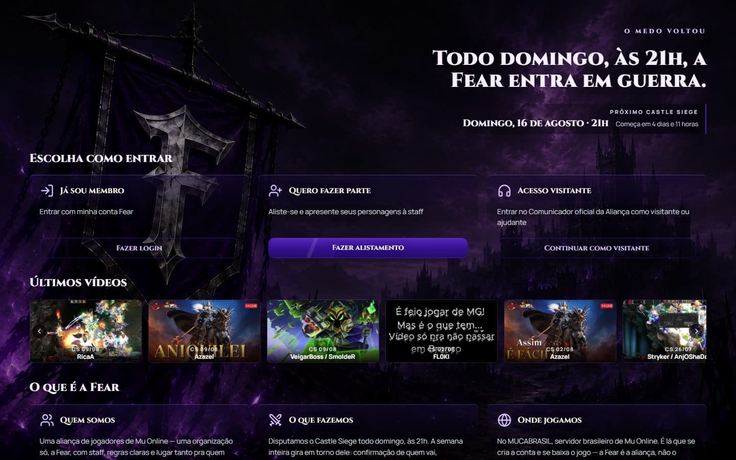 Aliança Fear — Painel de uma aliança de guilds com voz, escalação e alistamento.