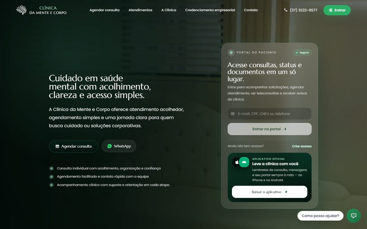 Clínica da Mente e Corpo — Site, agendamento e app para a clínica de saúde mental.