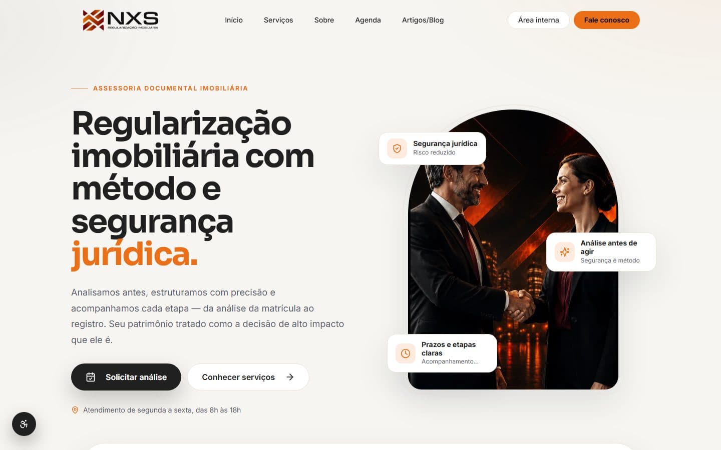 NXS Grupo — Assessoria de regularização e documentação de imóveis: o site apresenta os serviços e recebe o contato de quem precisa resolver a papelada.