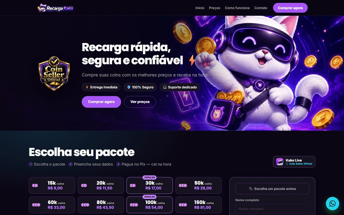 Recarga Kako — Loja de coins com Pix e entrega automática.